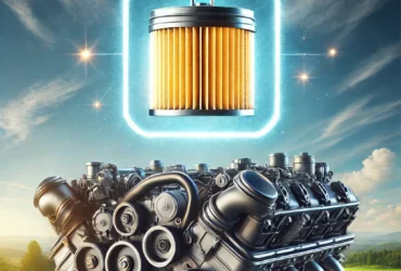 Photorealistic image of a clean, well-maintained diesel engine with a glowing filter icon above it, representing a Diesel Particulate Filter (DPF) in top condition. The background features a clear, blue sky and green landscape.